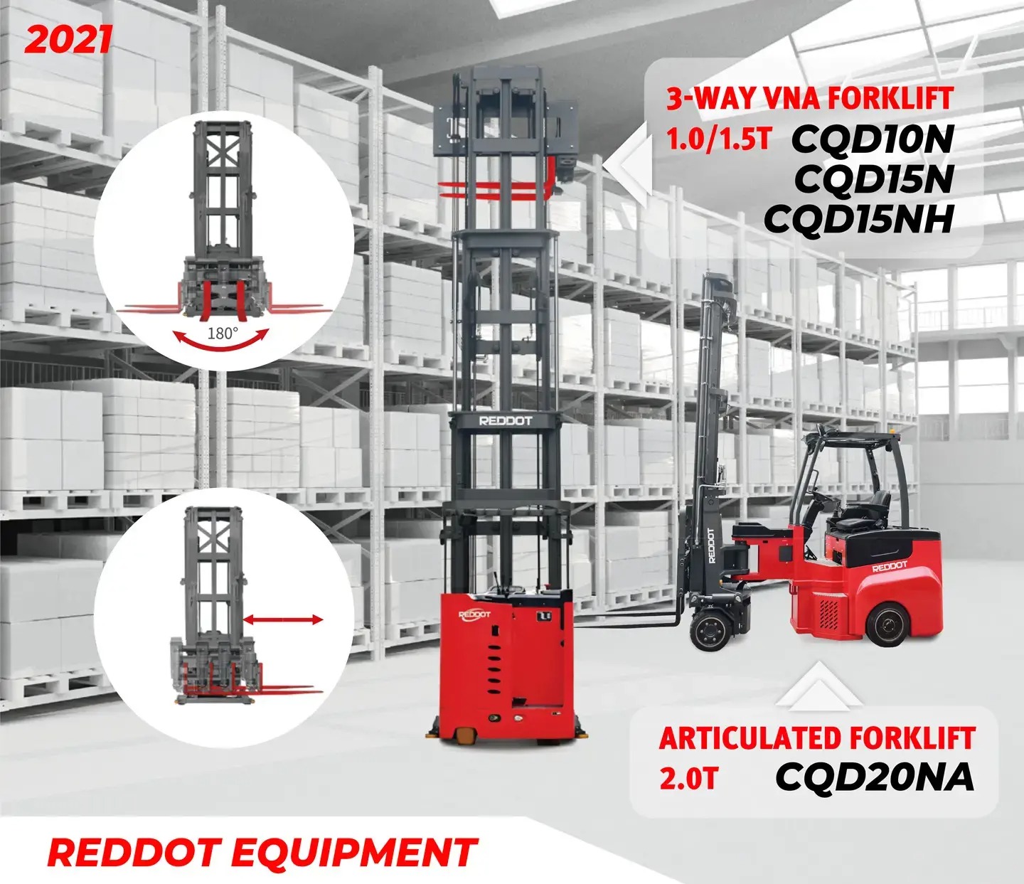 REDDOT 3-WAY REACH TRUCK & ARTICULATED FORKLIFT